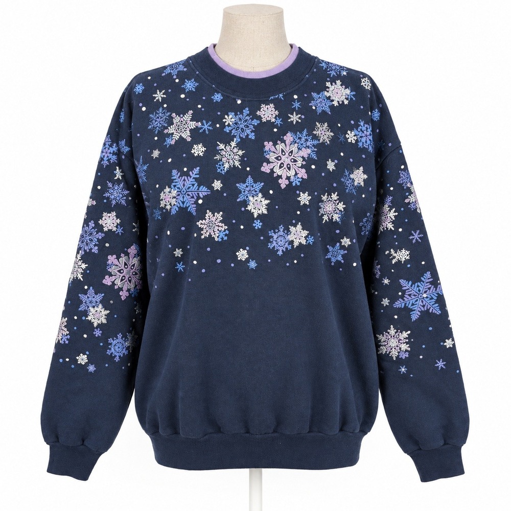 Vintage 90s Winter Snowflake Sweatshirt Size XL Blue Holiday Christmas Cottage